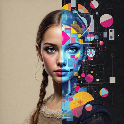 The primary subject of the image is a woman with blue eyes. She is depicted in two different styles: one as a traditional portrait and the other as a digital artwork. The setting/background consists of a wall with a patterned design. The visual style is a combination of a photo and digital art, creating a unique and artistic representation of the woman. The colors and mood of the image are predominantly blue, which adds to the overall atmosphere of the portrait.